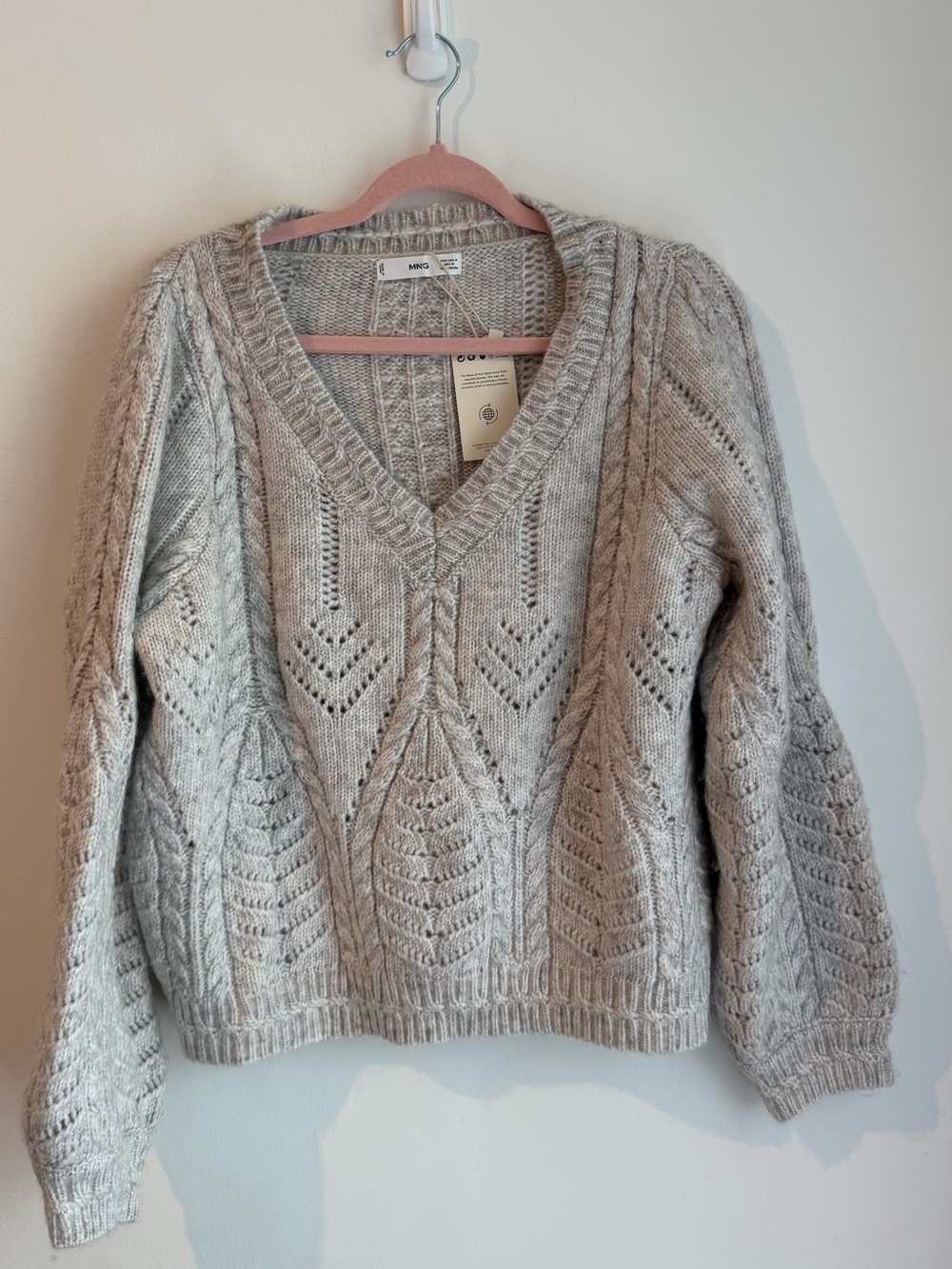 Mango Light Gray Openwork Cable V-Neck Sweater - Picture 2 of 5